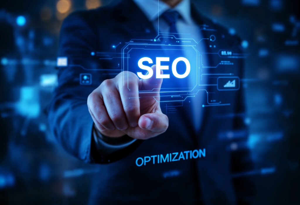 A business professional in a suit points at a glowing digital interface displaying the acronym “SEO” with the word “Optimization” beneath it, surrounded by futuristic icons and graphs representing data-driven marketing.